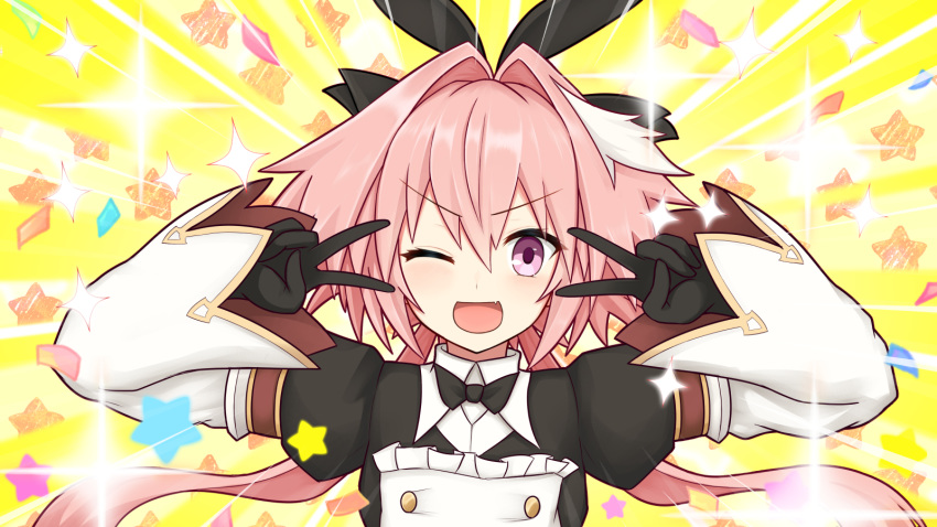1boy ;d astolfo_(fate) astolfo_(saber)_(fate) bangs black_bow black_dress black_gloves black_neckwear black_ribbon blush bow bowtie buttons confetti double_v dress emotional_engine_-_full_drive fang fate/grand_order fate_(series) gloves hair_between_eyes hair_bow hair_intakes hair_ribbon hands_up highres juliet_sleeves long_hair long_sleeves looking_at_viewer low_twintails male_focus multicolored_hair one_eye_closed open_mouth otoko_no_ko parody patyu3 pink_hair puffy_sleeves ribbon smile solo sparkle star streaked_hair twintails v violet_eyes white_hair wide_sleeves wing_collar yellow_background