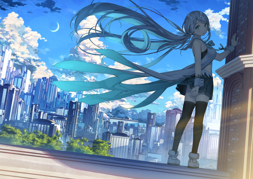 1girl :o aqua_eyes aqua_hair aqua_skirt bangs bare_shoulders black_legwear blue_sky building city cityscape clouds commentary_request copyright_request crescent_moon day dress eyebrows_visible_through_hair fence floating_hair hair_blowing hair_ribbon hand_on_wall highres kantoku kneehighs light_rays loafers long_hair looking_back miniskirt moon open_mouth outdoors parted_bangs parted_lips pleated_dress ribbon rooftop scenery shoes skirt sky skyscraper solo standing sunbeam sunlight tareme thigh-highs tree very_long_hair wrist_cuffs zettai_ryouiki
