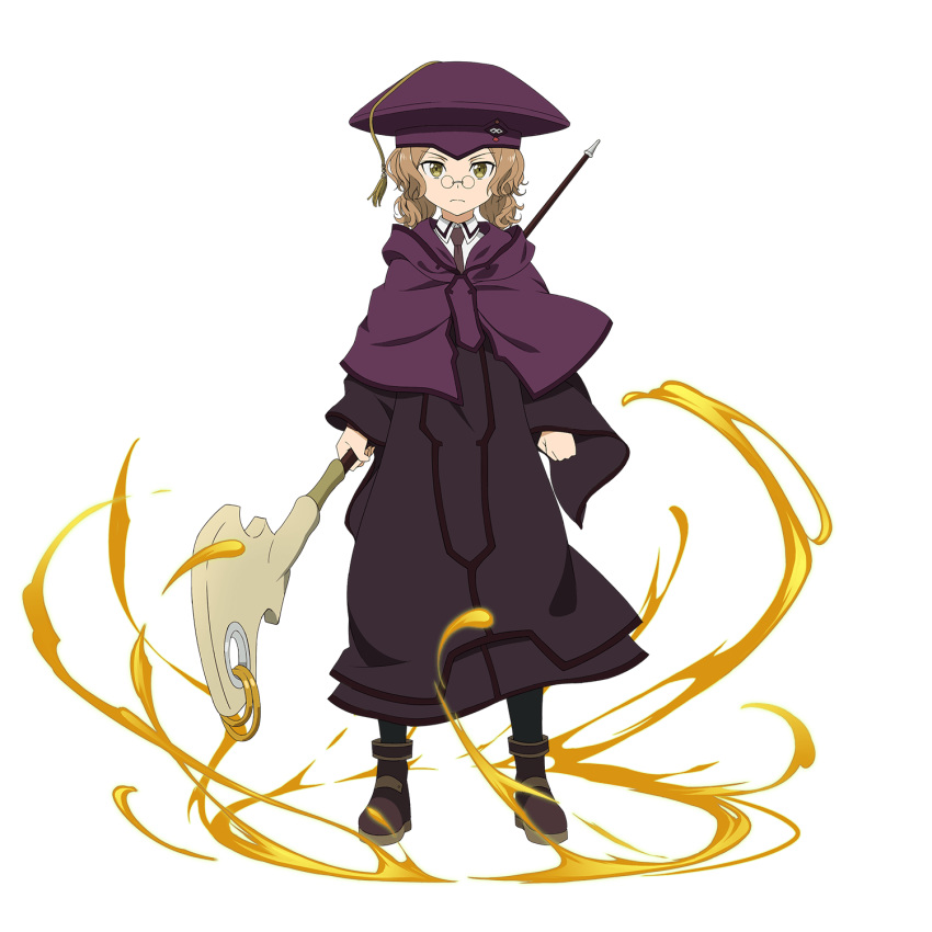 1girl black_coat black_neckwear brown_hair cardinal_(sao) closed_mouth collared_shirt frown full_body glasses green_eyes hat highres holding holding_staff long_sleeves looking_at_viewer medium_hair necktie official_art pince-nez purple_coat purple_headwear shiny shiny_hair shirt solo staff standing sword_art_online tassel transparent_background white_shirt wing_collar
