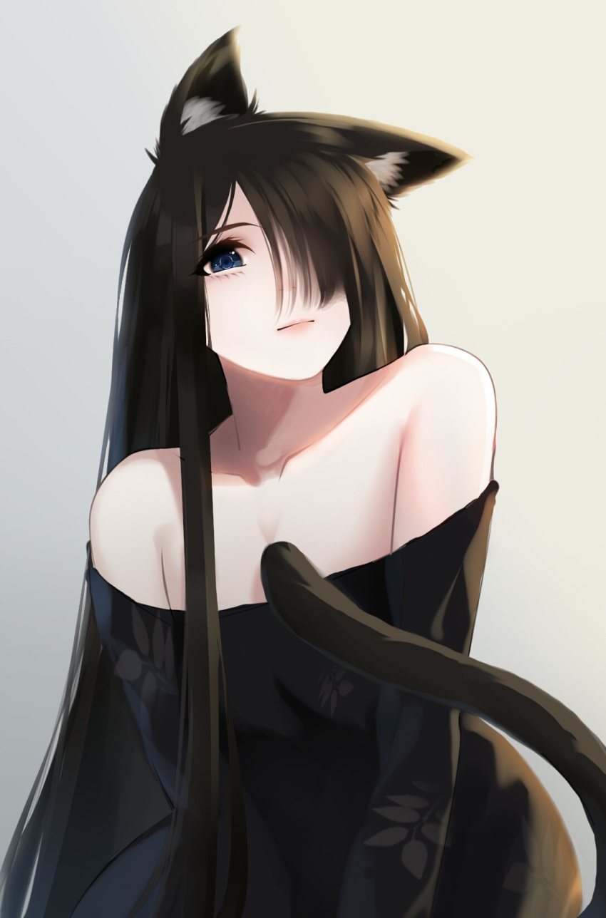 1girl animal_ears bare_shoulders black_hair black_sweater blue_eyes cat_ears cat_tail ear_down hair_over_one_eye highres long_hair looking_at_viewer off-shoulder_sweater off_shoulder original rizuto simple_background solo sweater tail very_long_hair