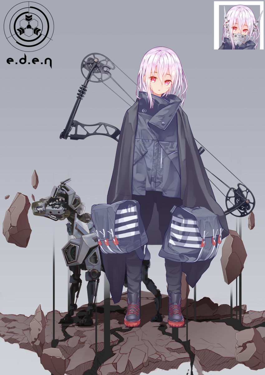 1girl absurdres archery bag boots highres long_hair mechanical_arm original purple_hair red_eyes robot zuu_(qq770463651)