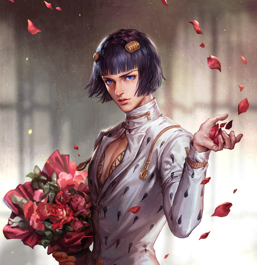 1boy black_hair blue_eyes bob_cut bouquet bruno_buccellati cdash817 cleavage_cutout commentary_request flower highres jacket jojo_no_kimyou_na_bouken lips looking_at_viewer male_focus nose petals red_flower red_rose rose rose_petals solo upper_body white_jacket