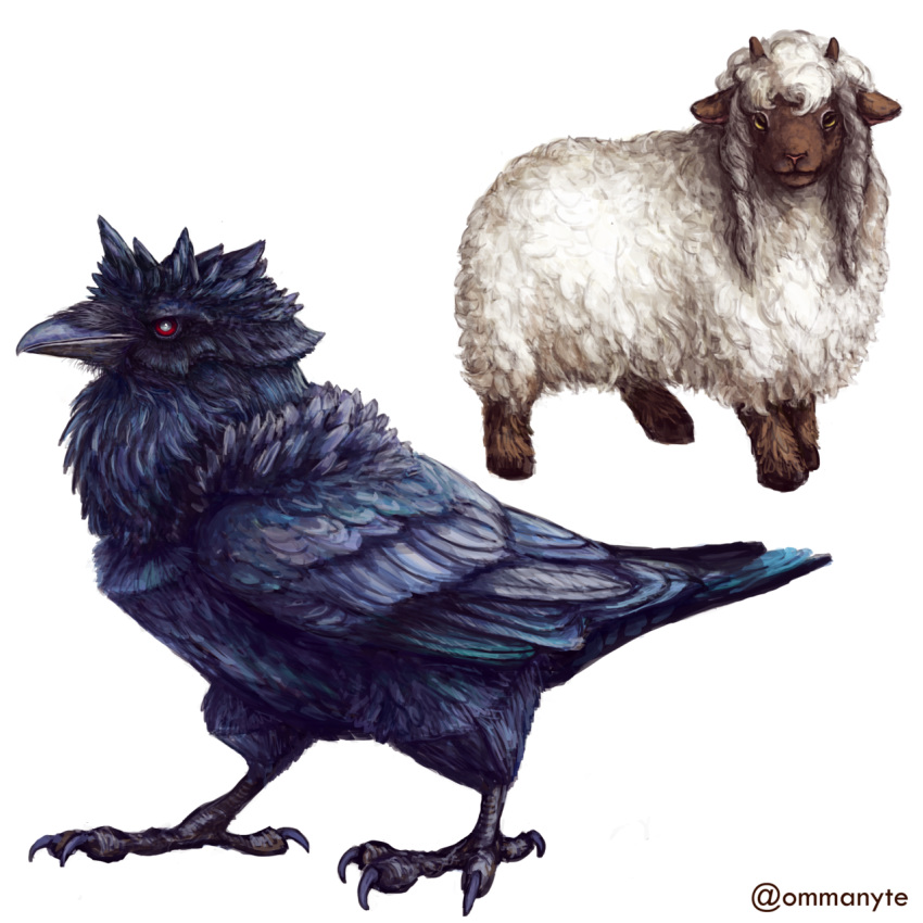 bird black_eyes commentary corviknight creature english_commentary full_body gen_8_pokemon highres looking_at_viewer no_humans ommanyte pokemon pokemon_(creature) realistic red_eyes sheep simple_background white_background wooloo