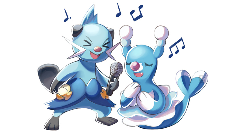 &gt;_&lt; :d brionne closed_eyes commentary conmimi creature dewott english_commentary fang full_body gen_5_pokemon gen_7_pokemon holding holding_microphone microphone music musical_note no_humans open_mouth pokemon pokemon_(creature) simple_background singing smile standing white_background