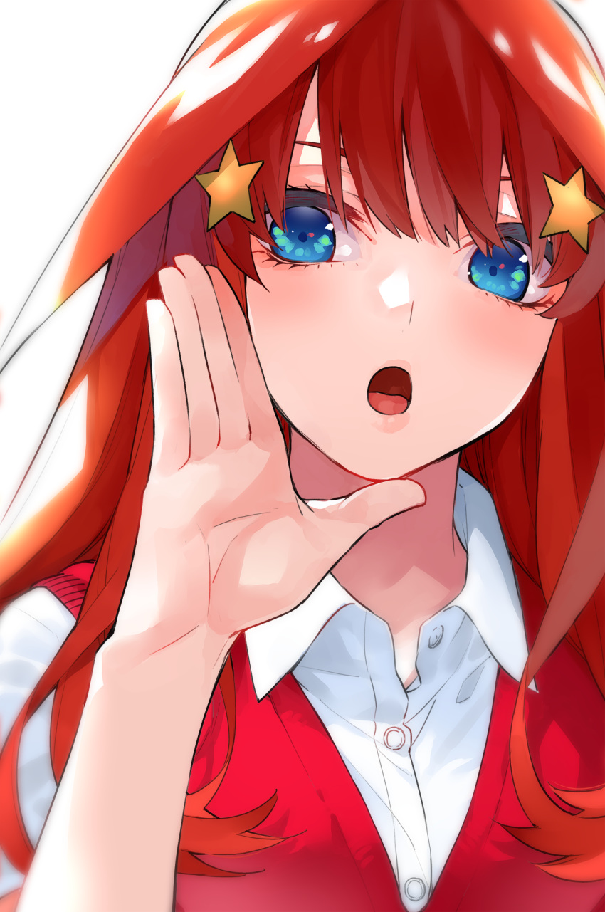 1girl :o bangs blue_eyes breasts collared_shirt eyebrows_behind_hair go-toubun_no_hanayome hair_ornament hand_up haruba_negi highres large_breasts long_hair looking_at_viewer nakano_itsuki official_art partially_unbuttoned red_sweater redhead shirt short_sleeves sidelocks simple_background solo star star_hair_ornament sweater sweater_vest tongue upper_body white_background white_shirt