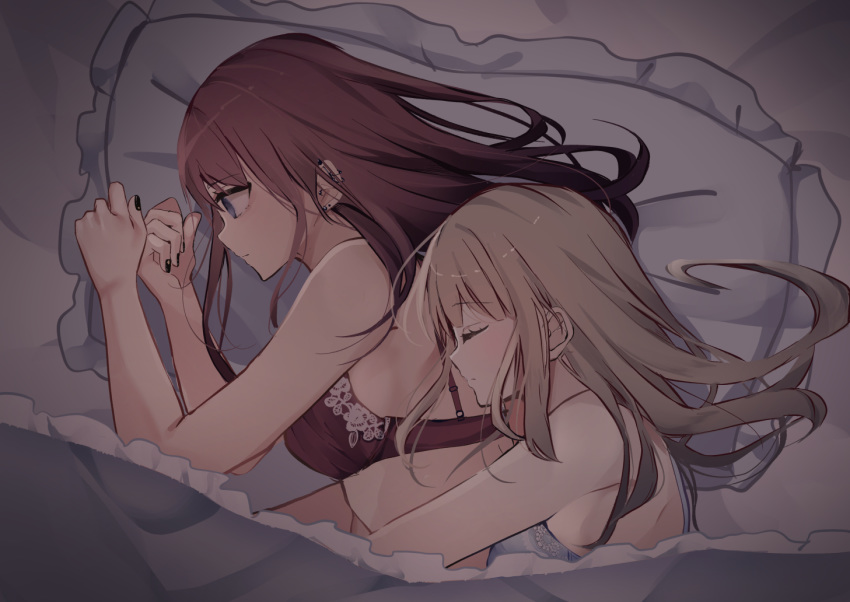 2girls bangs bed_sheet black_nails blue_eyes blush bra breasts brown_hair closed_eyes closed_mouth ear_piercing earrings eyebrows_visible_through_hair frilled_pillow frills hands_up hug hug_from_behind jewelry long_hair lying medium_breasts multiple_girls nail_polish on_side original piercing pillow profile red_bra stud_earrings tsuruse under_covers underwear underwear_only white_bra yuri