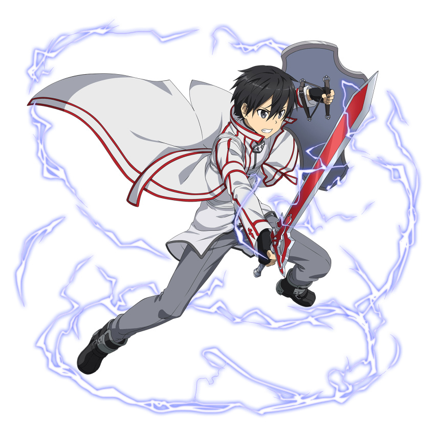 1boy bangs black_eyes black_gloves black_hair cape clenched_teeth fingerless_gloves gloves grey_pants hair_between_eyes highres holding holding_shield holding_sword holding_weapon kirito long_sleeves male_focus official_art pants shield shiny shiny_hair shirt solo sword sword_art_online teeth transparent_background weapon white_cape white_shirt