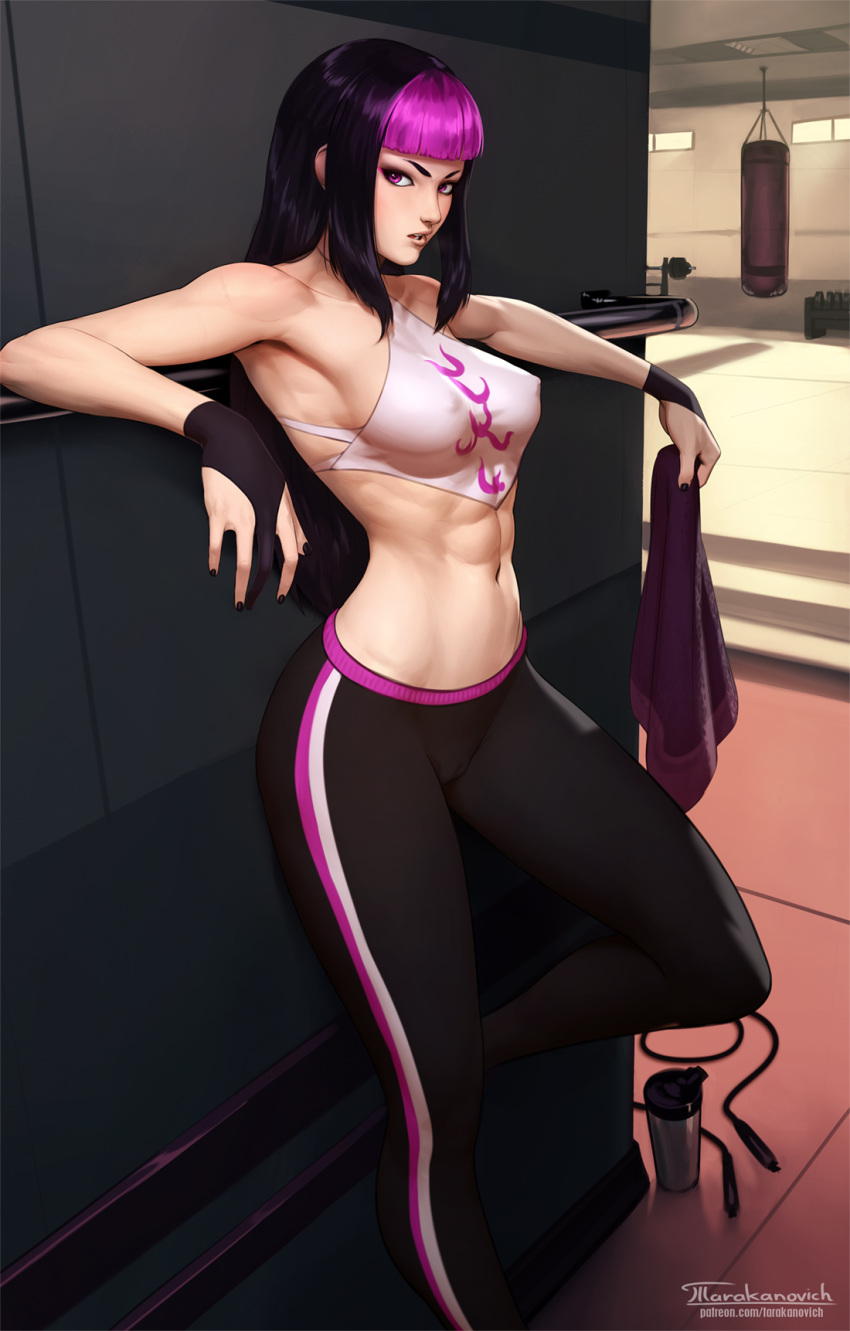 1girl abs against_wall alternate_costume artist_name black_hair breasts commentary covered_nipples english_commentary gloves gym han_juri highres long_hair looking_at_viewer medium_breasts multicolored_hair navel open_mouth pants partly_fingerless_gloves patreon_username punching_bag purple_hair solo stomach street_fighter street_fighter_v striped striped_pants tarakanovich thermos toned towel two-tone_hair watermark web_address