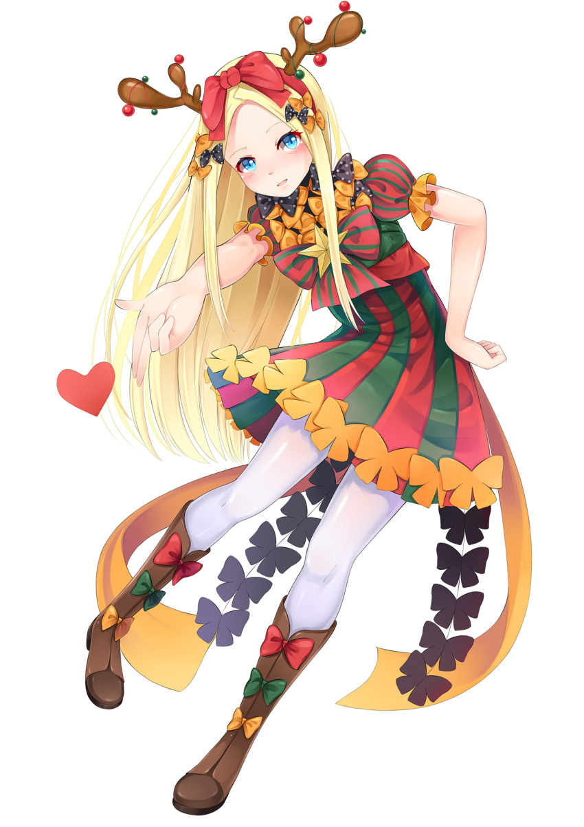 1girl abigail_williams_(fate/grand_order) antlers bangs black_bow blonde_hair blue_eyes blush boots bow brown_footwear dress fake_antlers fate/grand_order fate_(series) fengli_(709622571) full_body hair_bow hairband hand_on_hip heart highres long_hair looking_at_viewer multiple_bows multiple_hair_bows open_mouth orange_bow panties pantyshot parted_bangs polka_dot polka_dot_bow red_bow red_hairband reindeer_antlers shiny_legwear short_dress short_sleeves simple_background solo striped underwear vertical-striped_dress vertical_stripes very_long_hair white_background white_legwear