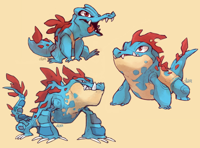 claws creature croconaw feraligatr full_body gen_2_pokemon its-goon no_humans pokemon pokemon_(creature) sharp_teeth signature simple_background teeth totodile yellow_background