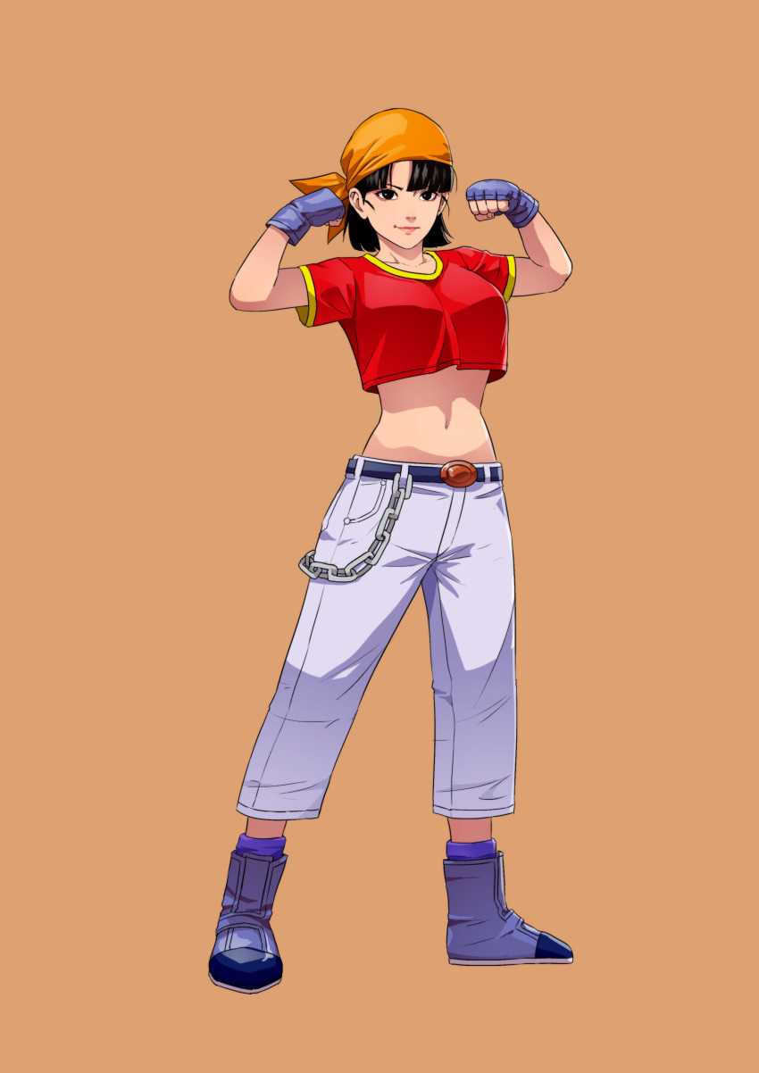 1girl absurdres bandana black_eyes black_hair breasts cirenk closed_mouth commentary dragon_ball dragon_ball_gt gloves highres looking_at_viewer older pan_(dragon_ball) short_hair simple_background smile solo traditional_media watercolor_(medium)