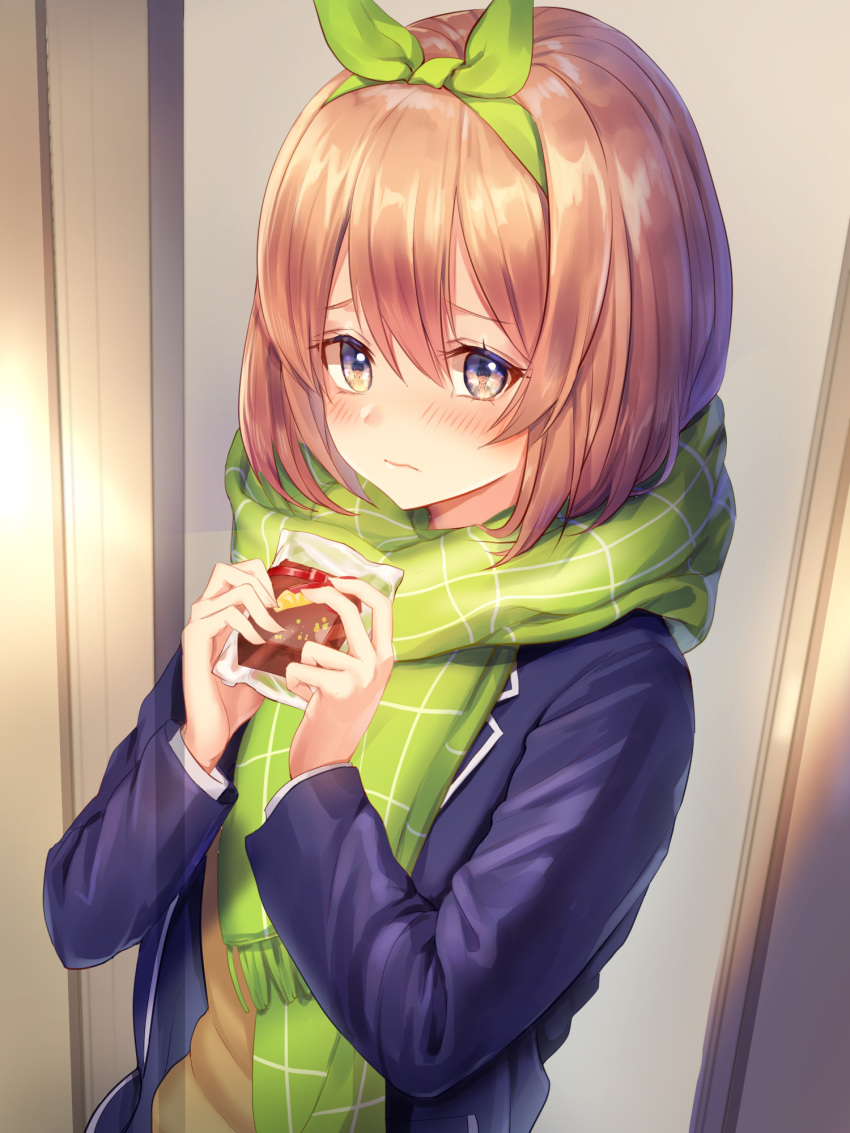 1boy 1girl bangs black_hair blue_eyes blue_jacket blush brown_hair brown_sweater closed_mouth commentary_request frown go-toubun_no_hanayome green_hairband green_ribbon green_scarf hair_ribbon hairband highres holding indoors jacket long_sleeves looking_at_viewer nakano_yotsuba nogi_momoko open_clothes open_jacket pov reflection reflective_eyes ribbon scarf school_uniform short_hair solo_focus sweater upper_body