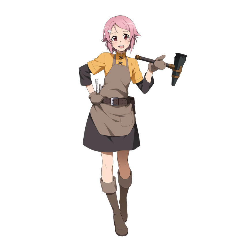 1girl :d bangs black_skirt boots freckles full_body grey_apron grey_footwear hair_ornament hairclip hand_on_hip highres holding holding_hammer knee_boots lisbeth long_sleeves looking_at_viewer miniskirt official_art open_mouth pink_hair red_eyes shiny shiny_hair shirt short_hair short_over_long_sleeves short_sleeves skirt smile solo standing swept_bangs sword_art_online transparent_background yellow_shirt