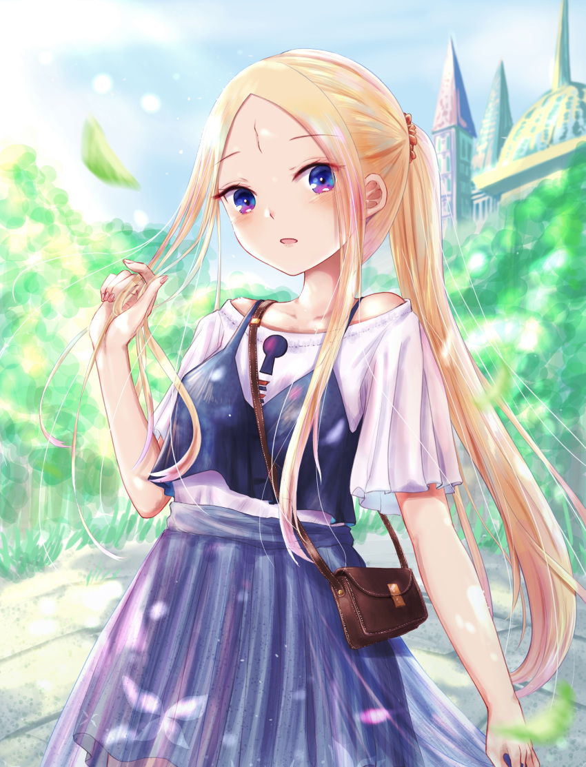 1girl abigail_williams_(fate/grand_order) alternate_costume bag bangs bare_shoulders black_camisole blonde_hair blue_eyes blue_skirt blue_sky blurry blurry_background blush breasts building camisole collarbone commentary_request day depth_of_field facial_mark fate/grand_order fate_(series) forehead forehead_mark hair_ornament hair_scrunchie hand_up highres keyhole leaf long_hair looking_at_viewer nail_polish off-shoulder_shirt off_shoulder orange_scrunchie outdoors parted_bangs parted_lips pink_nails pleated_skirt ponytail sanka_tan scrunchie shirt short_sleeves shoulder_bag sidelocks skirt sky small_breasts smile solo very_long_hair white_shirt