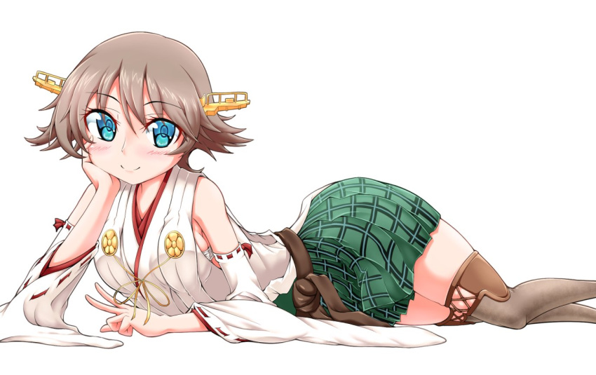1girl blue_eyes boots brown_hair commentary_request detached_sleeves feet_out_of_frame flipped_hair green_skirt hairband hand_on_own_face headgear hiei_(kantai_collection) japanese_clothes kantai_collection looking_at_viewer lying on_side oohasikennta2002 plaid ribbon-trimmed_sleeves ribbon_trim short_hair simple_background skirt smile solo thigh-highs thigh_boots white_background
