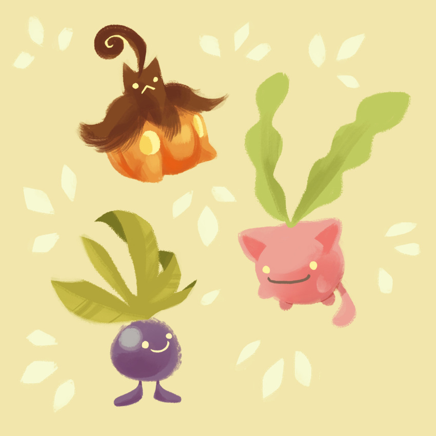._. bedupolker closed_mouth commentary creature english_commentary eye_contact floating frown full_body gen_1_pokemon gen_2_pokemon gen_6_pokemon happy highres hoppip looking_at_another no_humans oddish pokemon pokemon_(creature) pumpkaboo simple_background sitting smile standing