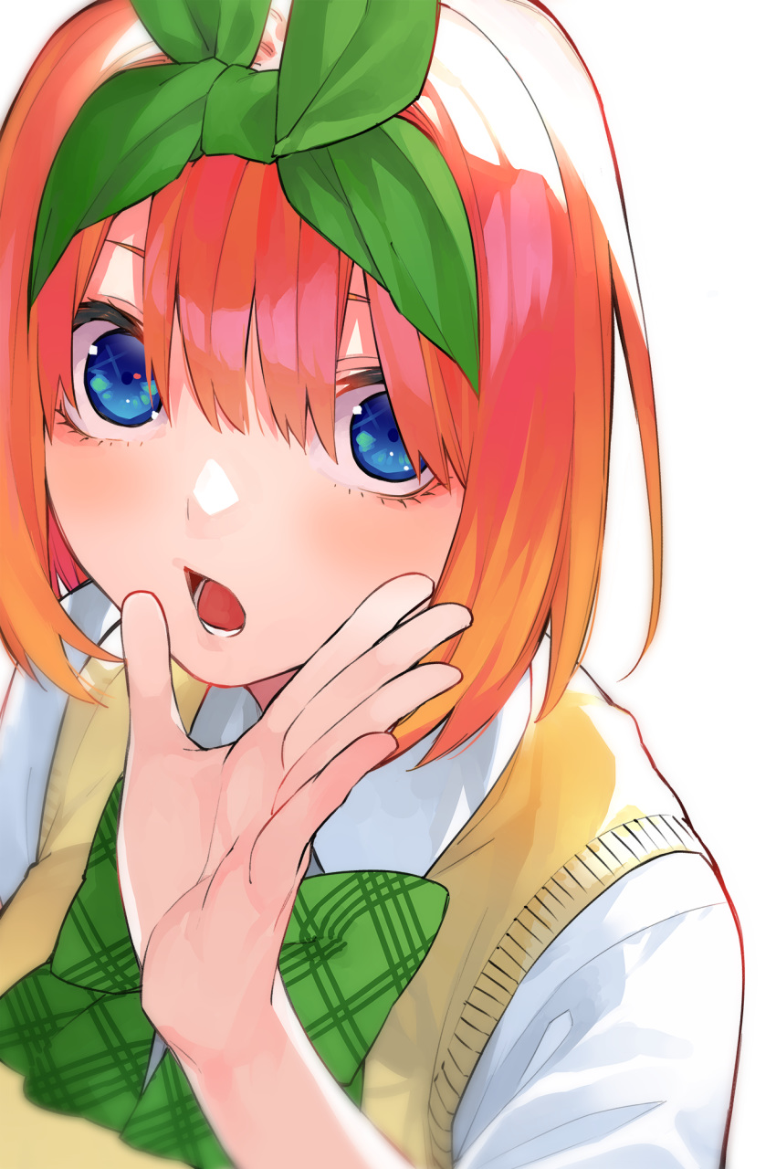 1girl bangs beige_sweater blue_eyes bow bowtie breasts collared_shirt eyebrows_behind_hair go-toubun_no_hanayome green_bow green_hairband hair_between_eyes hairband hand_up haruba_negi highres large_breasts looking_at_viewer lower_teeth nakano_yotsuba official_art open_mouth orange_hair plaid plaid_bow shirt short_hair short_sleeves sidelocks simple_background solo sweater_vest tongue upper_body white_background white_shirt