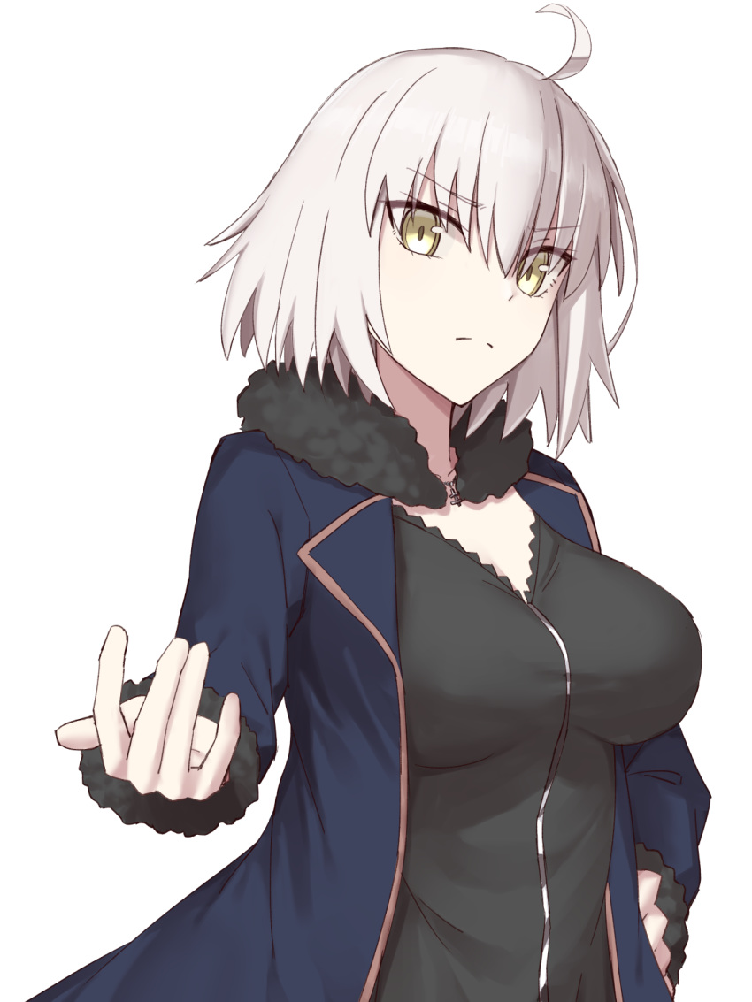 1girl ahoge bangs blue_jacket breasts commentary_request elfenlied22 eyebrows_visible_through_hair fate/grand_order fate_(series) frown fur_collar highres jacket jeanne_d'arc_(alter)_(fate) jeanne_d'arc_(fate)_(all) large_breasts looking_at_viewer short_hair silver_hair simple_background solo white_background wicked_dragon_witch_ver._shinjuku_1999 yellow_eyes