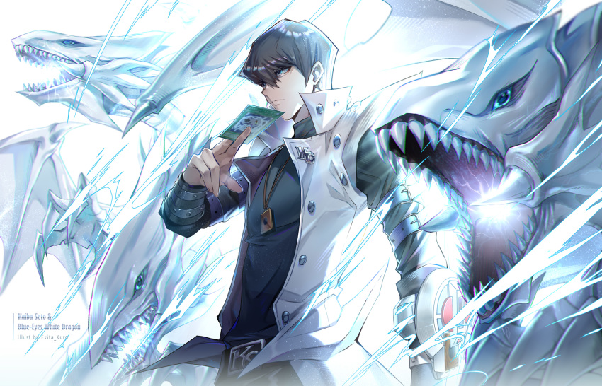 1boy artist_name bangs black_shirt blue-eyes_white_dragon blue_eyes brown_hair card character_name closed_mouth duel_disk duel_monster ekita_xuan enemy_controller eyebrows_visible_through_hair hair_between_eyes highres holding holding_card jewelry kaiba_seto long_sleeves male_focus necklace shirt solo yuu-gi-ou