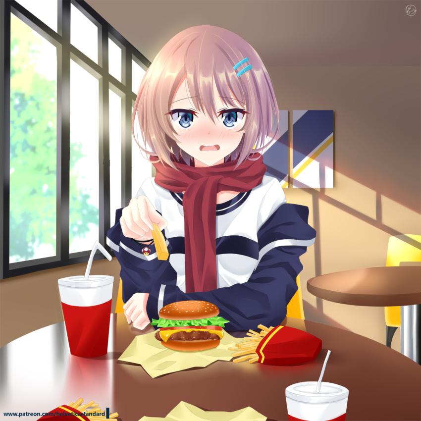1girl alternate_costume bangs blanc blue_eyes blush breasts brown_hair casual chair choujigen_game_neptune commentary_request drinking_straw eyebrows_visible_through_hair food french_fries hair_between_eyes hair_ornament hairclip hamburger helvetica_5tandard highres holding holding_food indoors light_rays long_sleeves looking_at_viewer neptune_(series) open_mouth patreon_username pov_across_table red_scarf scarf shadow shirt short_hair sidelocks signature sitting small_breasts solo super_mushroom swept_bangs table white_shirt window wrapping