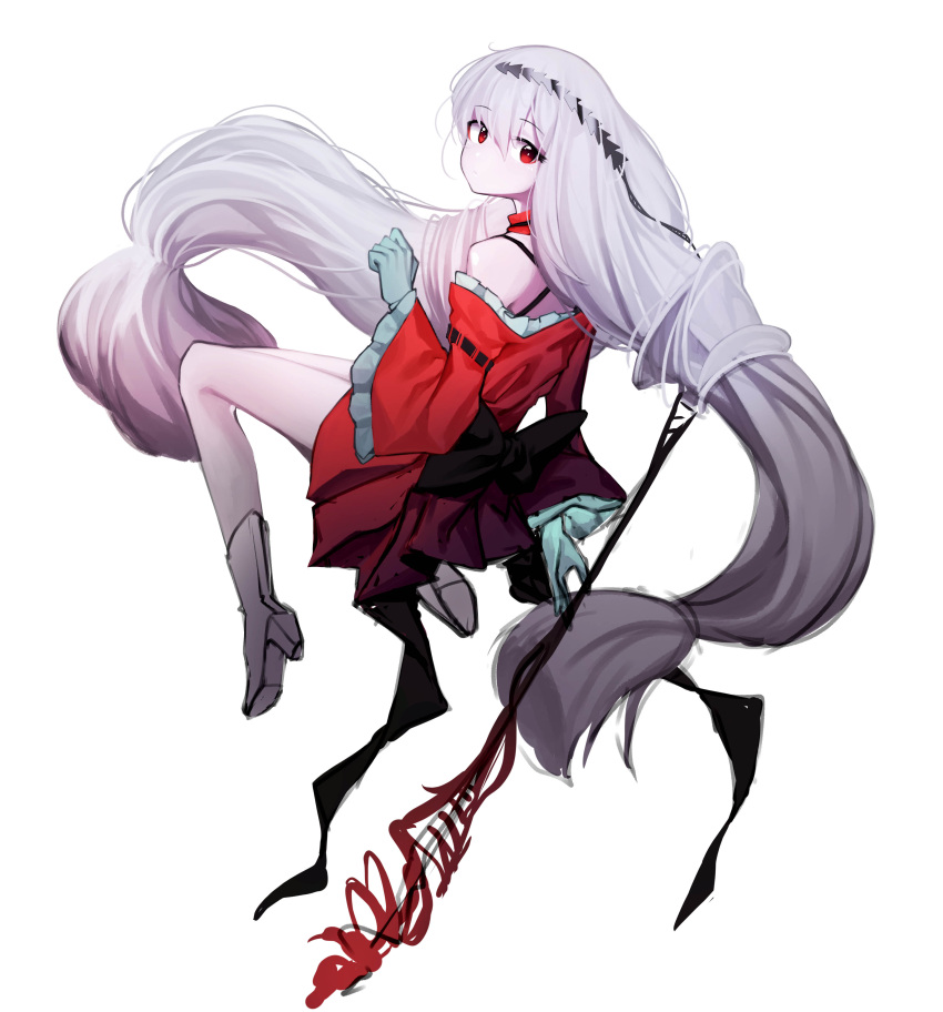1girl absurdres arknights beudelb boots dress full_body gloves green_gloves grey_hair headgear high_heel_boots high_heels highres long_hair looking_at_viewer looking_back low-tied_long_hair off-shoulder_dress off_shoulder red_dress red_eyes simple_background skadi_(arknights) skadi_the_corrupting_heart_(arknights) solo staff twintails unfinished very_long_hair white_background white_footwear