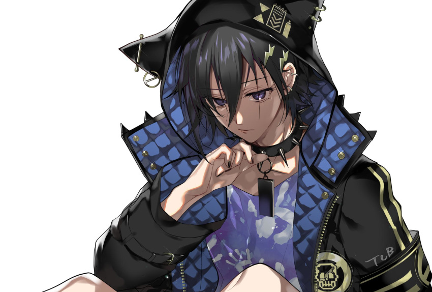 1boy animal_ears black_hair black_nails collar ear_piercing hair_between_eyes hand_print highres holostars hood hood_up hoodie kanade_izuru male_focus nail_polish official_art piercing signature solo spiked_collar spikes tcb violet_eyes virtual_youtuber white_background