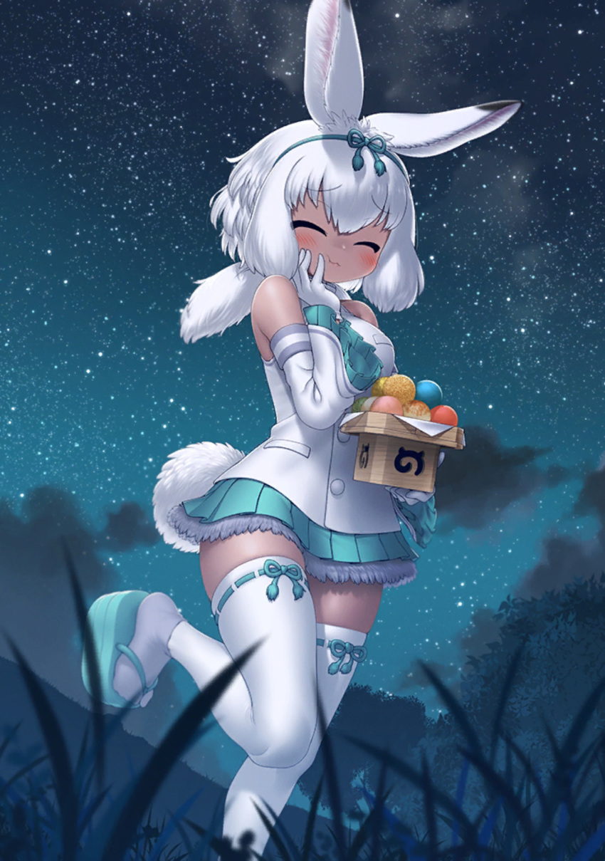 absurdres animal_ears blue_bow blue_footwear blue_skirt blush bow closed_eyes commentary detached_sleeves frilled_skirt frilled_sleeves frills gloves grey_socks hair_bow highres kemono_friends moon night night_sky pleated_skirt rabbit_ears rabbit_girl rabbit_tail sandals sh703i shirt short_hair skirt sky socks standing standing_on_one_leg symbol-only_commentary tail thigh-highs tsukuyomi_shinshi_(kemono_friends) white_gloves white_hair white_shirt white_sleeves white_thighhighs zettai_ryouiki