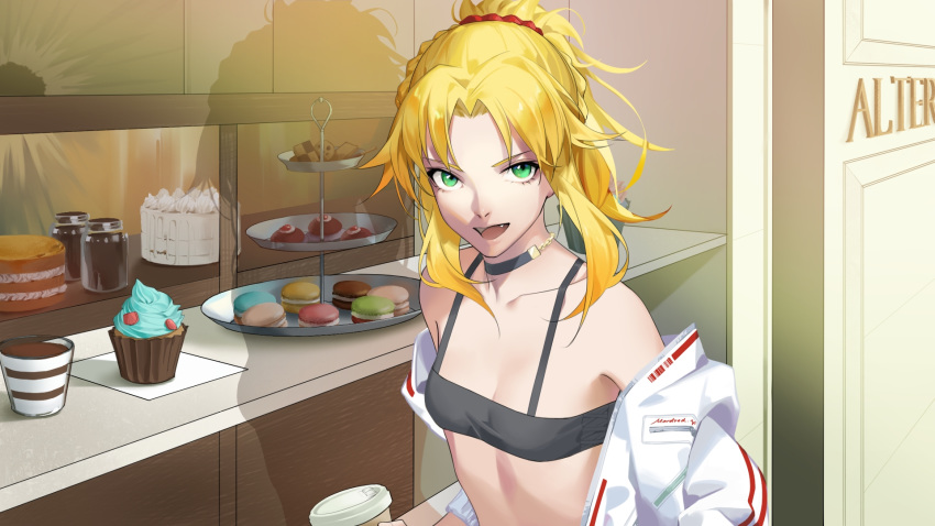 1girl bangs bare_shoulders blonde_hair braid breasts cake candy choker collarbone cupcake fate/grand_order fate_(series) food green_eyes hair_ornament highres holding jacket long_hair looking_at_viewer mordred_(fate) mordred_(fate)_(all) mordred_(xygvai) open_mouth parted_bangs ponytail scrunchie small_breasts smile solo white_jacket