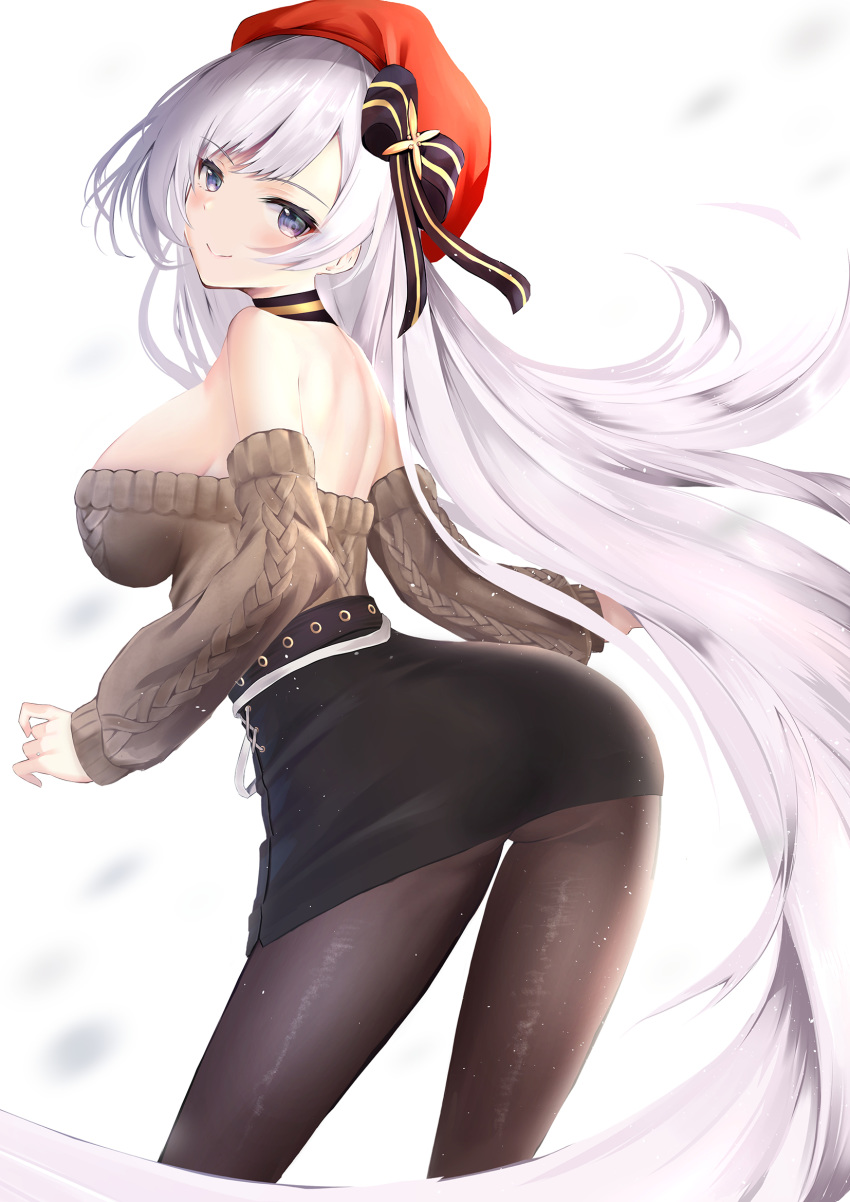 1girl aran_sweater ass azur_lane bangs bare_shoulders belfast_(azur_lane) belfast_(shopping_with_the_head_maid)_(azur_lane) beret black_skirt blush bow breasts brown_sweater choker hat hat_bow highres large_breasts long_hair long_sleeves looking_at_viewer off-shoulder_sweater off_shoulder pantyhose red_headwear silver_hair skirt smile solo sweater violet_eyes yk_(pixiv43531291)
