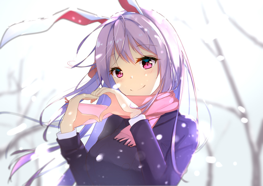 1girl absurdres animal_ears arms_up bare_tree blurry blurry_background commentary day depth_of_field english_commentary eyebrows_visible_through_hair head_tilt heart heart_hands highres lavender_hair leaning_back long_hair long_sleeves looking_at_viewer outdoors overcast pink_eyes pink_scarf rabbit_ears reisen_udongein_inaba scarf shirt smile snowing solo standing suit_jacket t-m-m touhou tree upper_body very_long_hair white_shirt winter