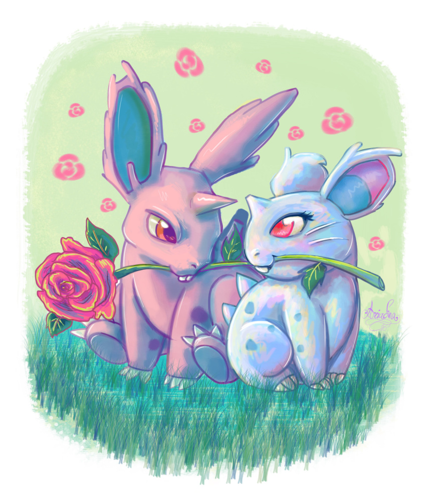 brown_eyes claws commentary couple creature english_commentary eye_contact floral_background flower full_body gen_1_pokemon grass green_background hetero highres horn looking_at_another missarilicious mouth_hold nidoran nidoran_(female) nidoran_(male) no_humans pink_eyes pink_flower pink_rose pokemon pokemon_(creature) rose simple_background sitting