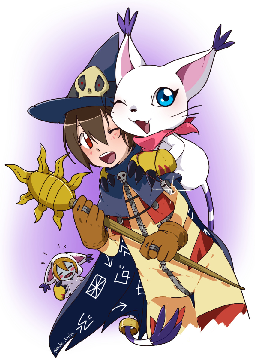 1girl aioka_(aichiu_kuchiu) blue_eyes blush brown_eyes brown_hair cape commentary_request cosplay digimon digimon_adventure gloves hat highres looking_at_viewer open_mouth red_eyes short_hair skull smile staff tailmon tailmon_(cosplay) wizard_hat wizarmon wizarmon_(cosplay) yagami_hikari