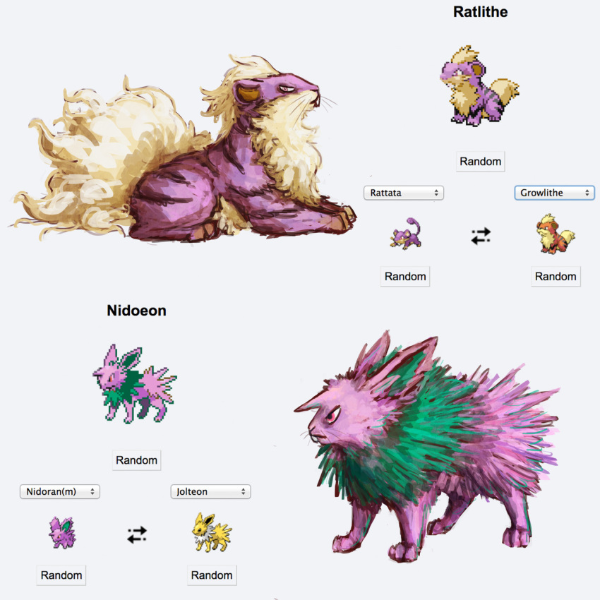 character_name commentary creature directional_arrow english_commentary english_text full_body fusion gen_1_pokemon growlithe highres horn jolteon lying multiple_fusions nidoran nidoran_(male) no_humans ommanyte on_stomach pink_eyes pokemon pokemon_(creature) profile rattata serious simple_background spikes sprites standing violet_eyes white_background