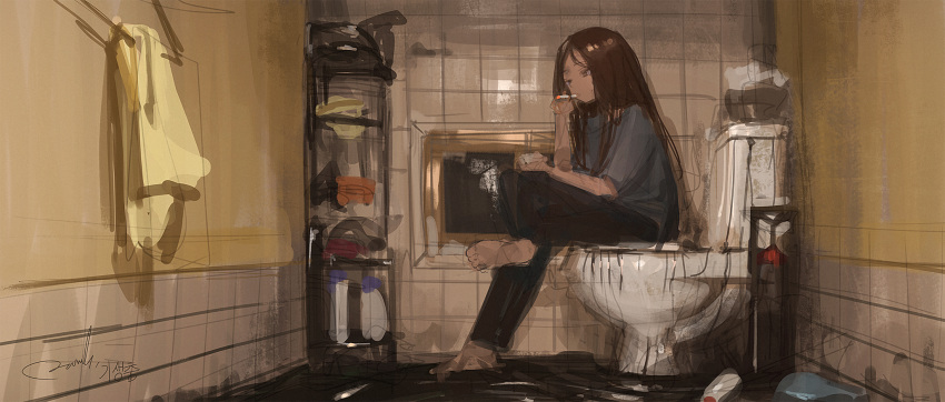 1girl bathroom brown_hair cigarette highres kim_ki-jung long_hair parasite_(film) reoen sitting smoking solo spoilers tile_wall tiles toilet