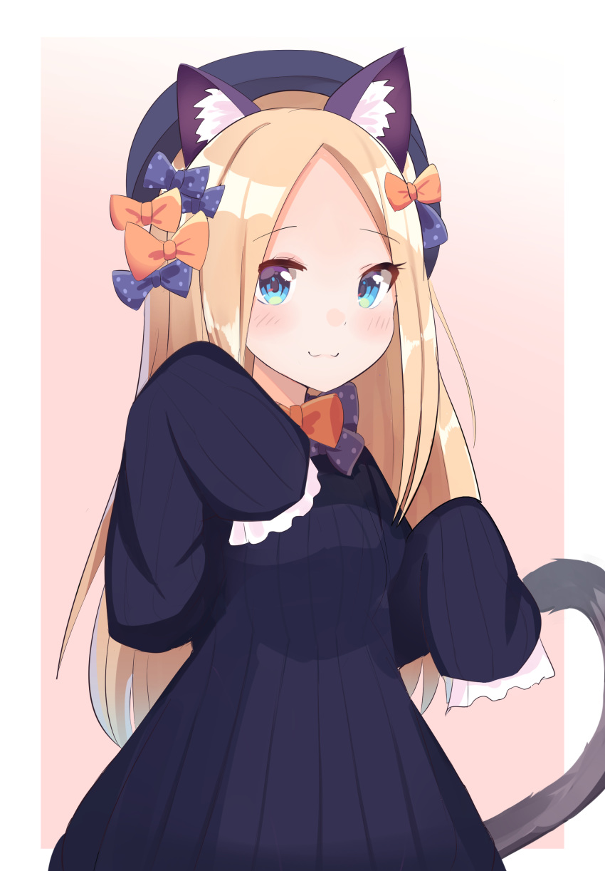 1girl :3 abigail_williams_(fate/grand_order) absurdres animal_ears aqua_eyes black_dress black_headwear blonde_hair bow bowtie cat_ears cat_tail chorome112 dress fate/grand_order fate_(series) forehead gradient gradient_background hair_bow highres kemonomimi_mode long_hair looking_at_viewer multiple_hair_bows orange_bow paw_pose polka_dot polka_dot_bow sleeves_past_wrists solo standing tail