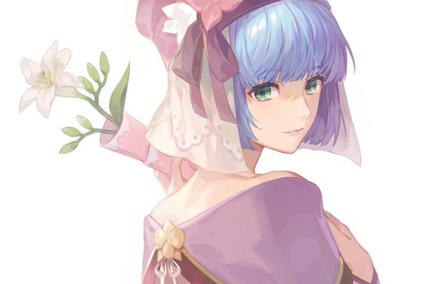 1girl absurdres blue_hair closed_mouth fire_emblem fire_emblem_echoes:_shadows_of_valentia fire_emblem_heroes flower from_side green_eyes hakou_(barasensou) hat highres looking_to_the_side short_hair silque_(fire_emblem) simple_background solo upper_body white_background