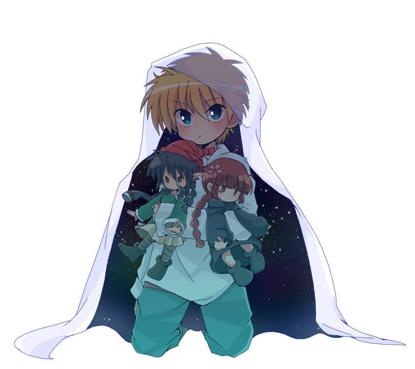 1boy blonde_hair blue_eyes blue_pants cape character_doll doll flower hair_between_eyes hair_flower hair_ornament highres holding holding_doll hood hooded_cape kneeling kukuri mahoujin_guruguru male_focus mikuzu_4869 nike_(mahoujin_guruguru) pants raid_(mahoujin_guruguru) shirt simple_background solo white_background white_shirt