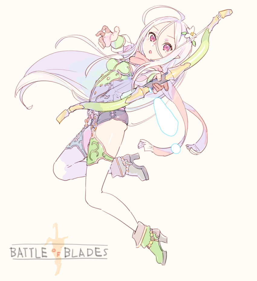 1girl :o absurdres ahoge aiming_at_viewer ankle_boots attacking_viewer battle_of_blades boots bow_(weapon) breasts commentary_request copyright_name flower foreshortening full_body green_vest hair_between_eyes hair_flower hair_ornament high_heel_boots high_heels highres holding holding_bow_(weapon) holding_weapon jumping long_hair looking_at_viewer nagisa_kurousagi panties parted_lips pink_background pink_eyes pink_hair pointy_ears scarf simple_background small_breasts solo underwear very_long_hair vest weapon