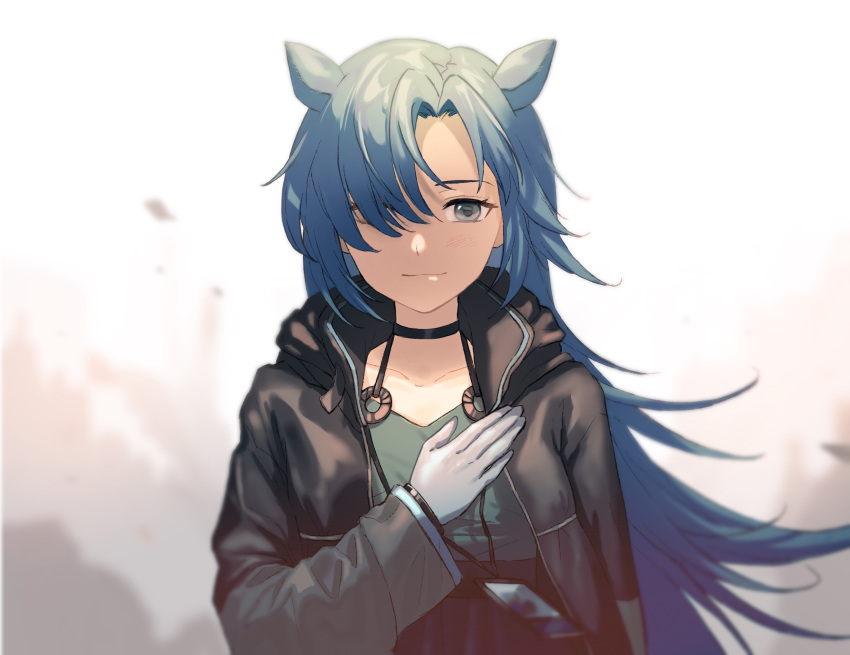 1girl absurdres animal_ears arknights bangs black_jacket blue_eyes blue_hair blurry blurry_background choker closed_mouth collarbone commentary_request dress fang_(arknights) gloves green_dress hair_over_one_eye hand_on_own_chest highres jacket jfjf long_hair looking_at_viewer smile solo upper_body white_gloves