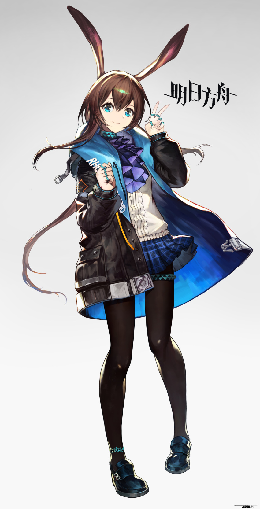 1girl absurdres amiya_(arknights) animal_ears arknights artist_name ascot bangs black_jacket black_legwear blue_eyes blue_skirt brown_hair english_commentary full_body gradient gradient_background grey_background hair_between_eyes highres jacket jewelry jun_wei long_hair looking_at_viewer pantyhose plaid plaid_skirt pleated_skirt rabbit_ears ring shoes sidelocks signature skirt smile solo standing sweater thighlet v white_sweater