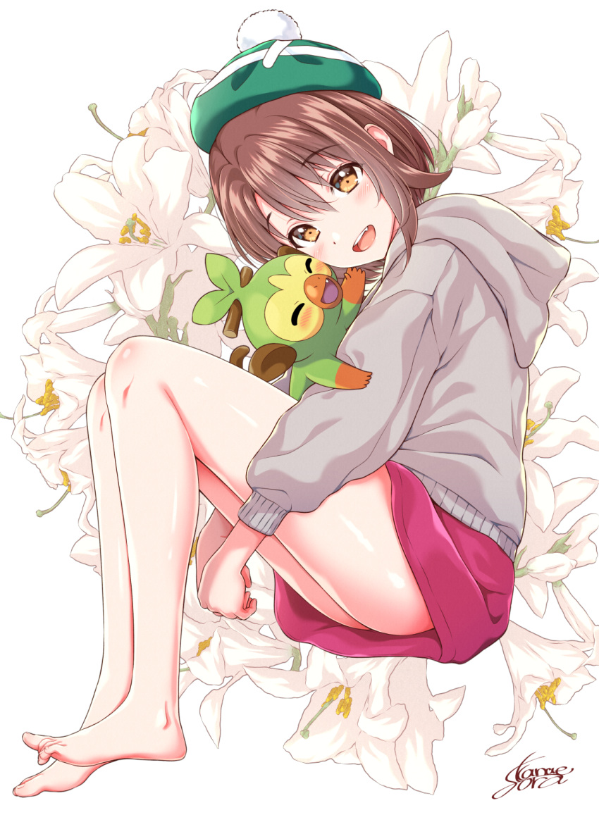 1girl ass bag bangs blush bob_cut brown_eyes brown_hair cardigan closed_eyes commentary_request dress eyebrows_visible_through_hair floral_background flower gen_8_pokemon green_headwear grey_cardigan grookey hat highres kanae_sora long_sleeves looking_at_viewer open_mouth pink_dress pokemon pokemon_(creature) pokemon_(game) pokemon_swsh short_hair smile tam_o'_shanter white_flower yuuri_(pokemon)