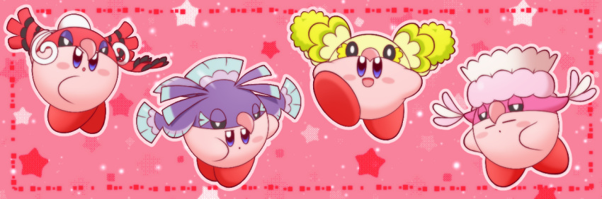 :d blush_stickers closed_eyes cosplay creature dancing gen_7_pokemon kirby kirby_(series) looking_at_viewer maiko_(mimi) no_humans open_mouth oricorio oricorio_(baile) oricorio_(cosplay) oricorio_(pa'u) oricorio_(pom-pom) oricorio_(sensu) pink_background pokemon pose simple_background smile star starry_background violet_eyes