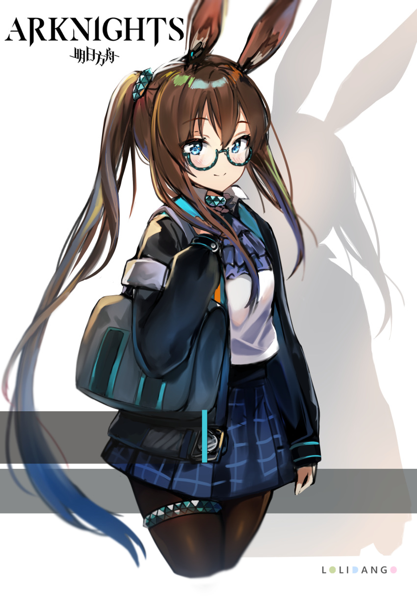 1girl absurdres amiya_(arknights) animal_ears arknights ascot bespectacled blush brown_hair dan_gan frilled_ascot frills glasses hair_between_eyes highres jacket long_hair open_clothes open_jacket ponytail rabbit_ears school_uniform sidelocks skirt smile solo