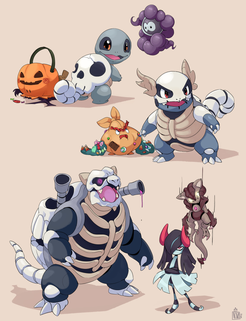 2014 abra blastoise candy castform claws commentary creature crossed_arms english_commentary fangs floating food full_body gen_1_pokemon gen_3_pokemon gen_5_pokemon gen_7_pokemon halloween happy highres kirlia lollipop no_humans orange_eyes pokemon pokemon_(creature) shadow signature simple_background squirtle standing striped trubbish vincenzonova violet_eyes wartortle