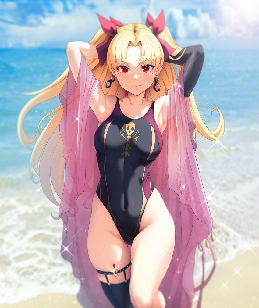 1girl armpits arms_behind_head arms_up bangs bare_shoulders beach black_legwear black_swimsuit blonde_hair blue_sky blush bow breasts closed_mouth collarbone commentary_request competition_swimsuit covered_navel earrings ereshkigal_(fate/grand_order) fate/grand_order fate_(series) hair_bow happymonk highleg highleg_swimsuit highres hoop_earrings infinity jewelry long_hair looking_at_viewer medium_breasts ocean one-piece_swimsuit parted_bangs red_bow red_eyes revision shawl single_thighhigh skull_print sky solo sparkle swimsuit thigh-highs thighs two_side_up