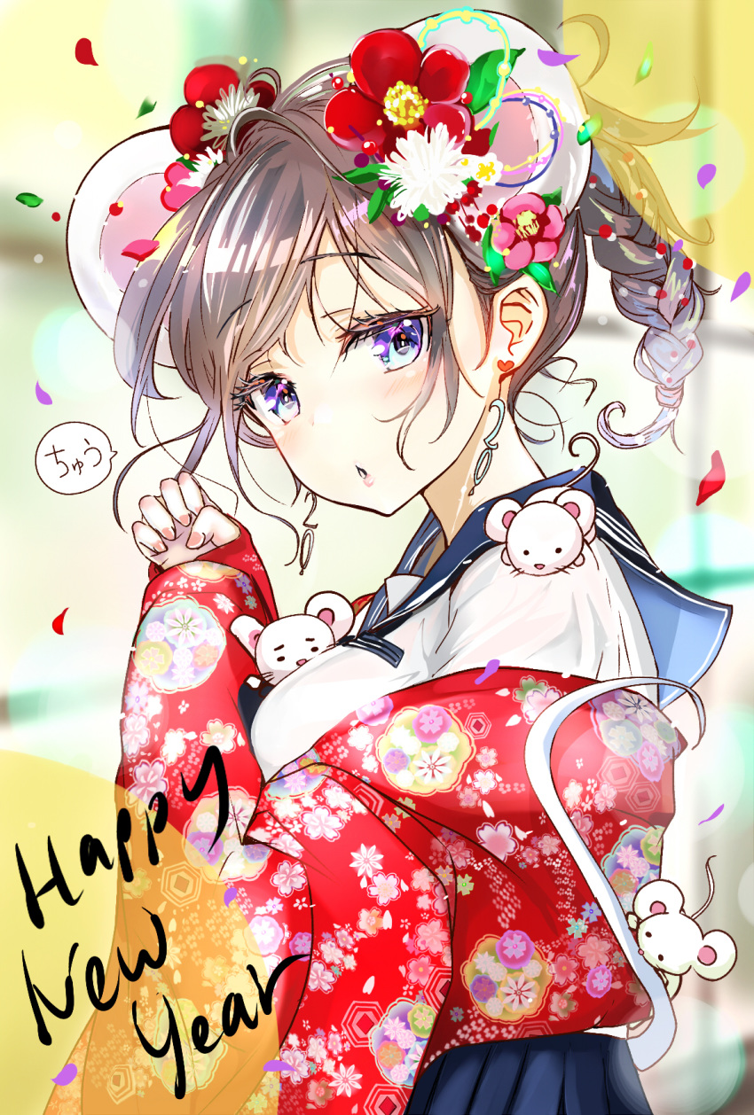 1girl animal animal_ears bangs blue_eyes blue_sailor_collar blue_skirt blurry blurry_background braid brown_hair chinese_zodiac commentary_request depth_of_field earrings eyebrows_visible_through_hair floral_print flower hair_flower hair_ornament happy_new_year heart heart_earrings highres japanese_clothes jewelry keepout kimono looking_at_viewer looking_to_the_side mouse mouse_ears mouse_girl mouse_tail new_year original parted_lips petals pleated_skirt print_kimono red_flower red_kimono sailor_collar school_uniform serafuku shirt skirt solo swept_bangs tail white_flower white_shirt year_of_the_rat
