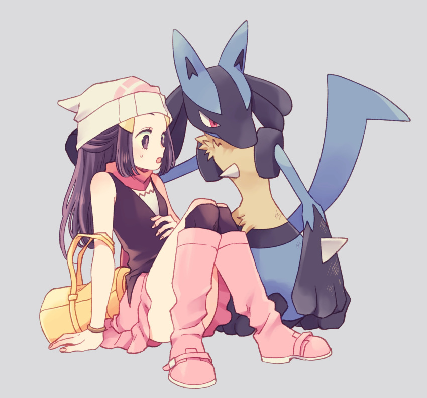 1girl bag beanie black_eyes black_hair black_legwear black_shirt boots bracelet convenient_censoring duffel_bag gen_4_pokemon grey_background hair_ornament hat highres hikari_(pokemon) jewelry komasawa_(fmn-ppp) long_hair lucario open_mouth pink_footwear pink_skirt poke_ball_theme pokemon pokemon_(creature) pokemon_(game) pokemon_dppt protecting red_scarf scarf shirt simple_background sitting skirt sleeveless sleeveless_shirt sweatdrop thigh-highs white_headwear