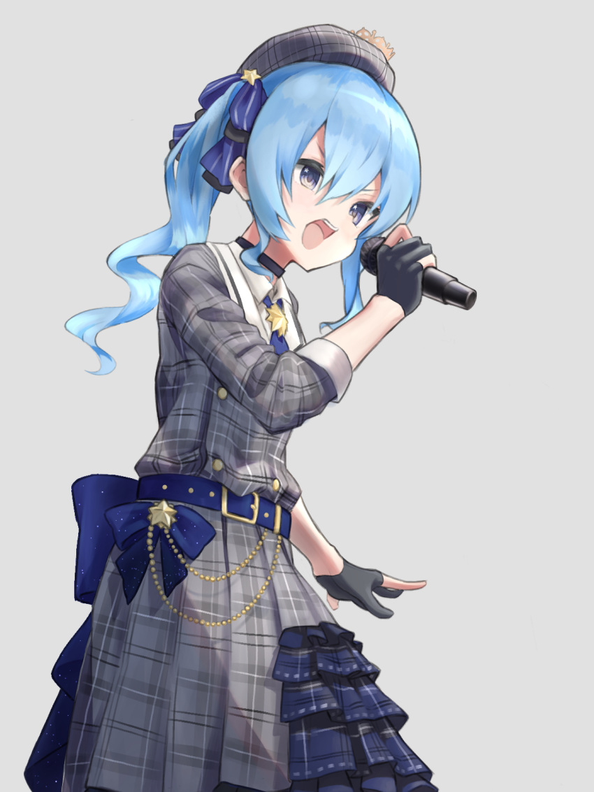 1girl belt belt_buckle black_gloves blue_belt blue_eyes blue_hair buckle buttons gloves grey_background hair_between_eyes hat highres holding holding_microphone hololive hoshimachi_suisei long_hair microphone music one_side_up open_mouth partly_fingerless_gloves singing solo star suisei_channel tamasa_yamoto tongue upper_teeth virtual_youtuber