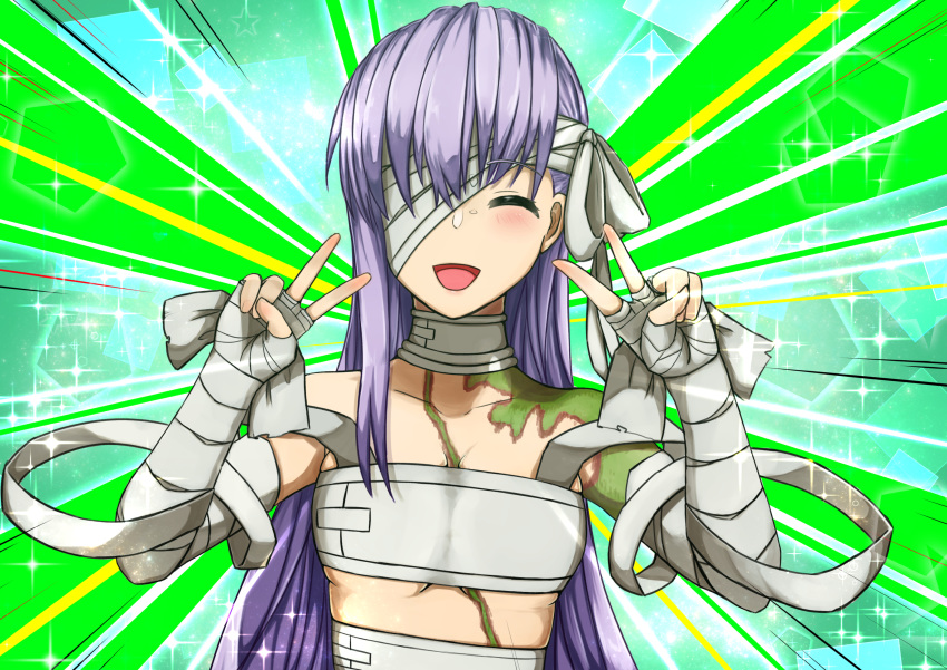 1girl aruhularudo bandage_over_one_eye bandaged_arm bandaged_head bandages bangs blush breasts closed_eyes double_v emotional_engine_-_full_drive fate/extra fate/extra_ccc fate/grand_order fate_(series) green_background hands_up highres kingprotea lavender_hair long_hair moss naked_bandage open_mouth parody small_breasts smile solo sparkle v very_long_hair