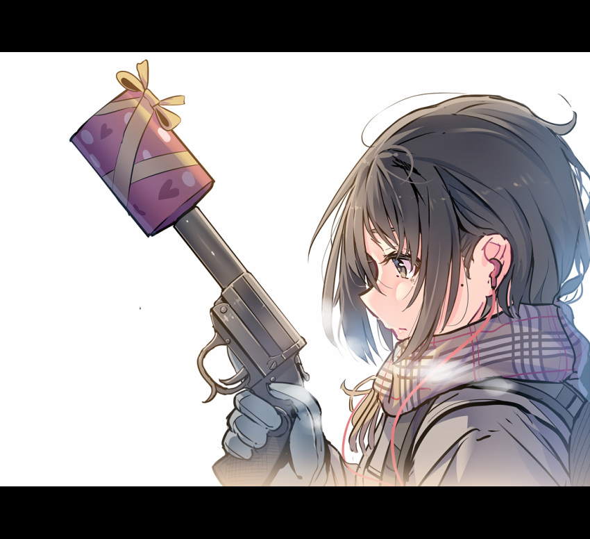 1girl backpack bag black_hair brown_eyes commentary_request daito earphones earphones from_side gift gloves ground gun handgun holding holding_gun holding_weapon letterboxed mole mole_under_eye original pistol plaid plaid_scarf portrait scarf serious solo trigger_discipline valentine weapon white_background